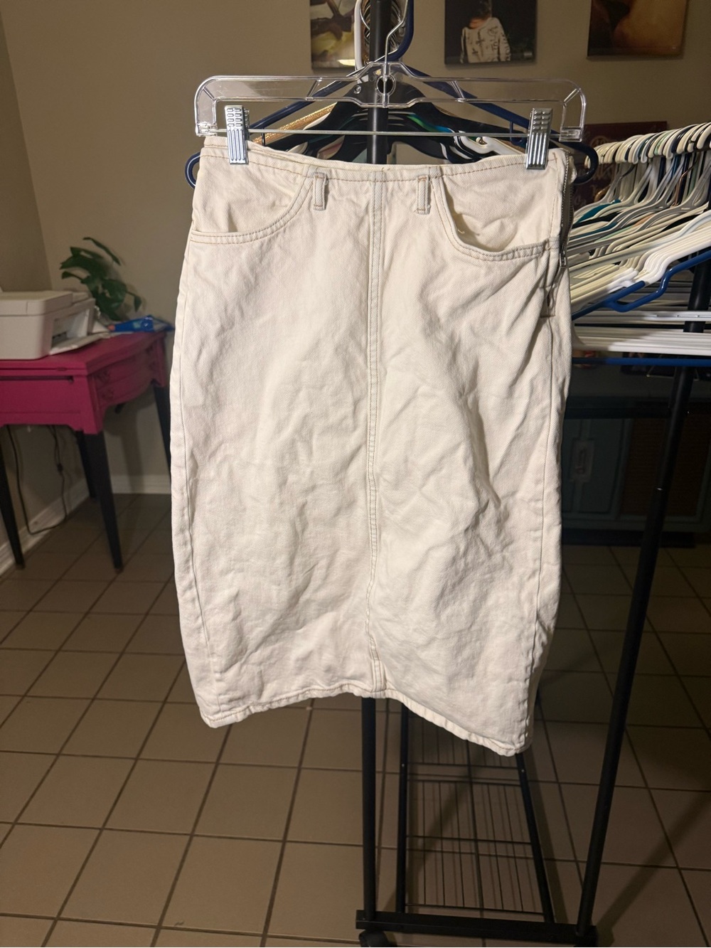 Zara Cream Midi Denim Pencil Skirt